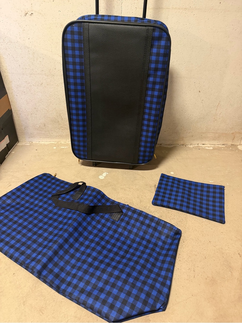 Blue Plaid Rolling Suitcase with Matching Travel Pouch and Garment Bag